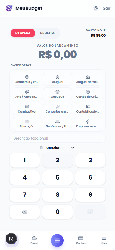 Tela de lançamento rápido do MeuBudget, com teclado numérico e categorias